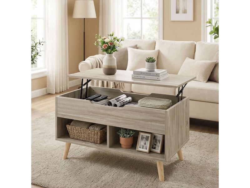  Table basse relevable, table de salon avec compartiment caché et étagères ouvertes, 75 x 40 x 58 cm, bois naturel  - Conforama C