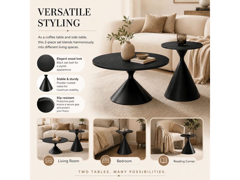  Lot de 2 tables basses rondes, finition noire effet bois, ø7050 cm, structure en acier carbone, design moderne.  - Conforama D