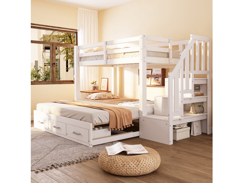  Lit superposé 90x200 cm avec lit gigogne 90180x190 cm, tiroirs et rangements coloris blanc  - Conforama D