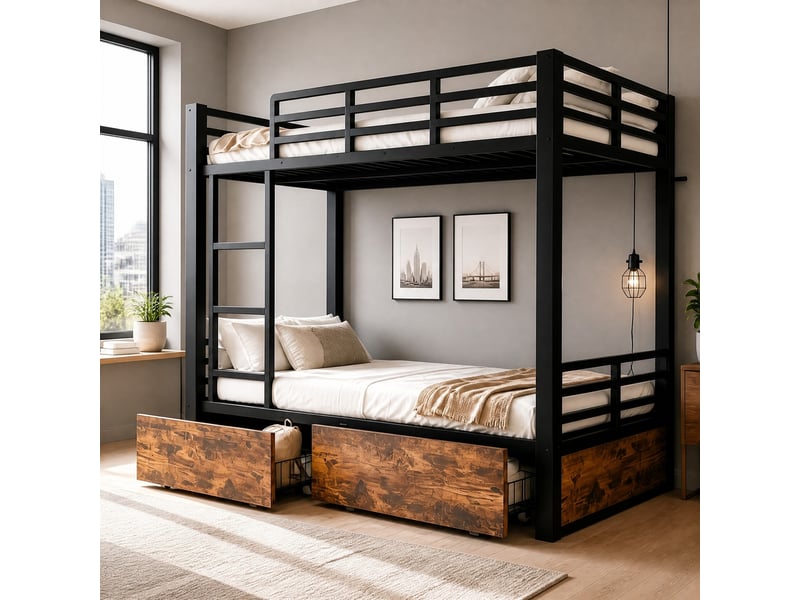  Lit superposé 90 × 200 cm avec deux tiroirs, échelle intégrée et barrières de sécurité en métal noir pour chambre  - Conforama B