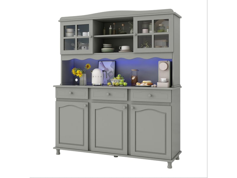 Buffet de cuisine 135 x 40 x 185 cm avec rangements, prises et led multicolore, panneau de particules gris - Conforama A