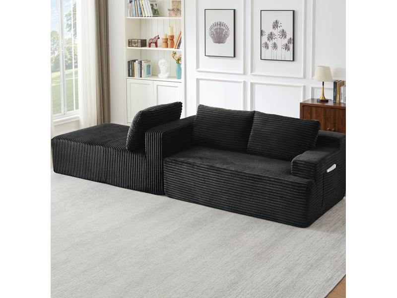  Canapé d'angle compressé en l 238x152x66 cm modulable 3 places, pour salon, pratique, mousse et velours côtelé, noir  - Conforama E