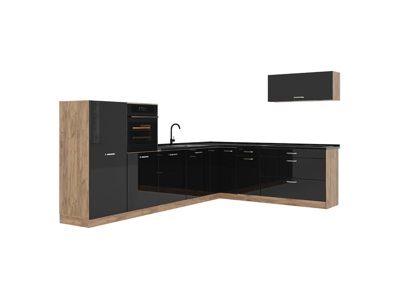 Vicco cuisine en angle, noir haute brillancechêne doré, 327 x cm plan de travail anthracite - Conforama A
