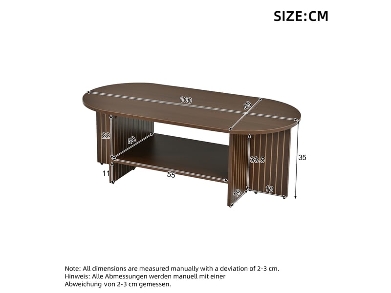  Table basse ovale 100x49x35 cm avec étagère basse, côtés rainurés, bords arrondis, plateau mdf effet noyer, rangement ouvert pour salon  - Conforama D