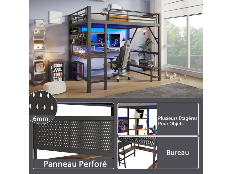  Lit mezzanine enfant 160x200cm en métal avec bureau,usb et led,lit superposé double avec échelle et barrières,sans matelas,noir  - Conforama E