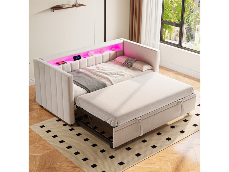 Lit canapé multifonction en velours beige 100x201 cm - Conforama D