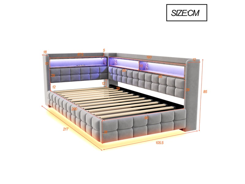  Lit canapé velours gris clair 90x200 cm avec rangement hydraulique, led, usb et étagère  - Conforama C
