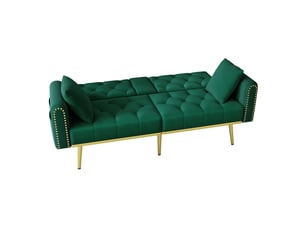 Canapé 2 places, transformable en lit, avec porte-gobelets, en velours, coloris vert, l175 x p80 x h73,5 cm, pour salon et chambre
