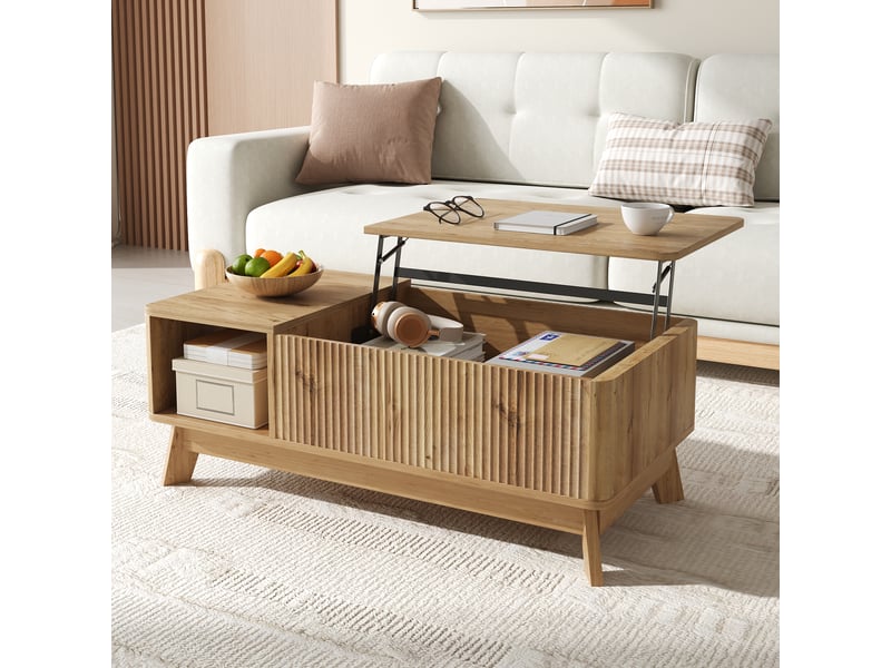  Table basse, à plateau relevable, avec rangement intégré, 95 x 48 x h 36–50 cm, bois naturel, structure en mdf, façades ondulées, pour votre salon Luxe haut de gamme - Conforama B