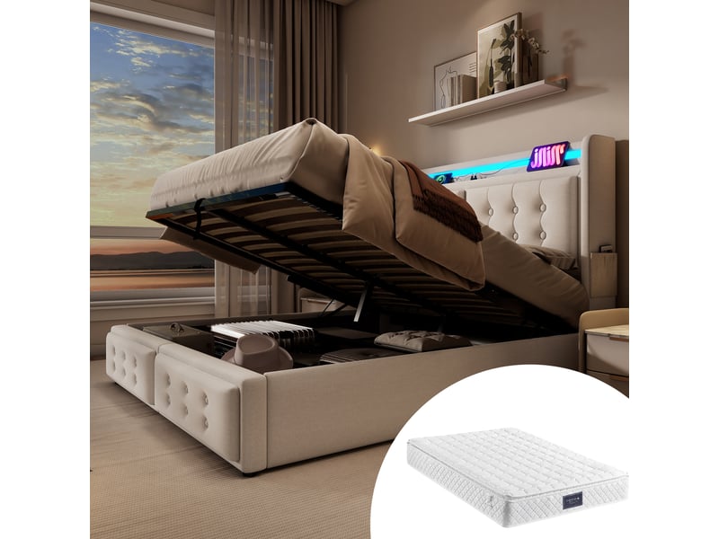  Lit rembourré 160 × 200 cm 2 places avec led réglable, prises, usb, type-c et coffre, matelas inclus, beige  - Conforama B