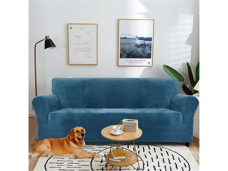  Housse de canapé en velours 2 places(139-175cm), sofa cover extensible,  bleu paon  - Conforama D