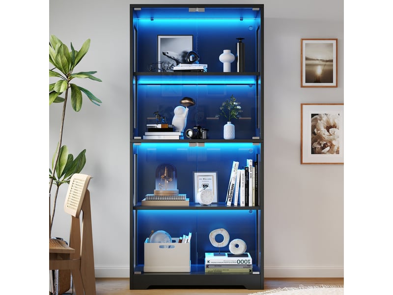  Vitrine led en verre trempé, 3 couleurs, capteurtactile, socle rond, parois acrylique, push-to-open, 80x35x160cm, marron  - Conforama D