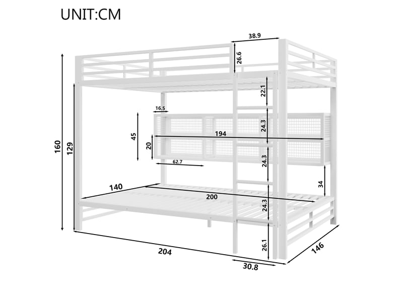 Lit superposé 140x200 cm en métal avec 6 rangements, led et barrières, blanc - Conforama C