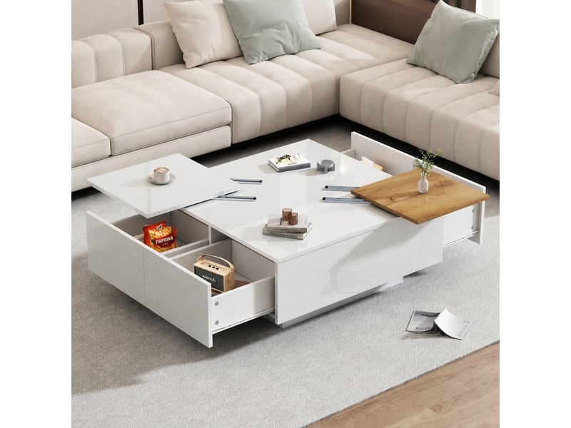  Table basse blanche carrée avec tiroirs et plateaux coulissants, 75 x 75 cm, finition brillante  - Conforama C