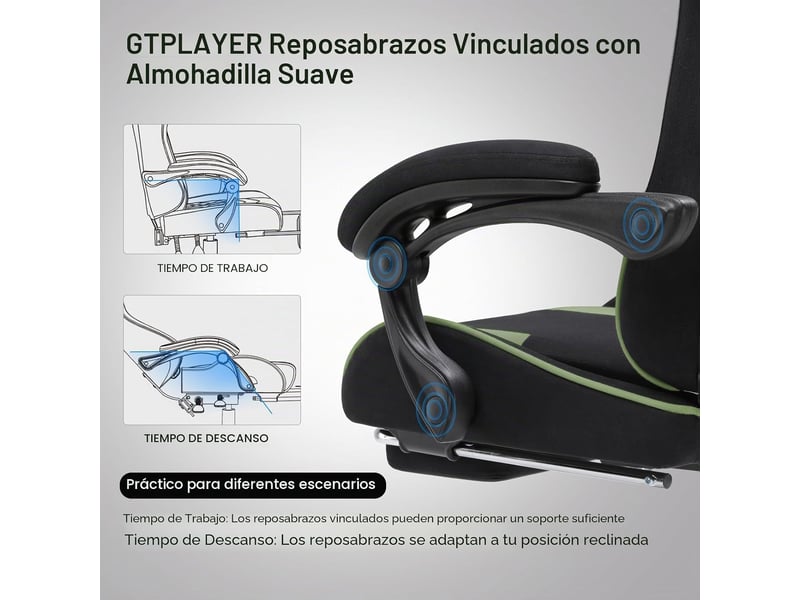  Gtplayer chaise de jeu ergonomique avec repose-pieds, réglable en hauteur - tissu vert GT800A-GE-FA - Conforama E