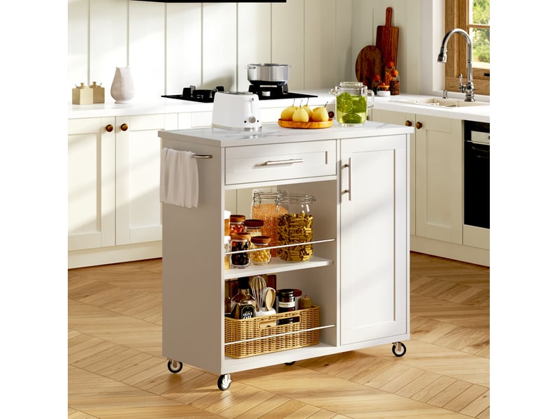 Desserte de cuisine 90x40x90 cm blanche effet marbre avec tiroir et roulettes - Conforama B