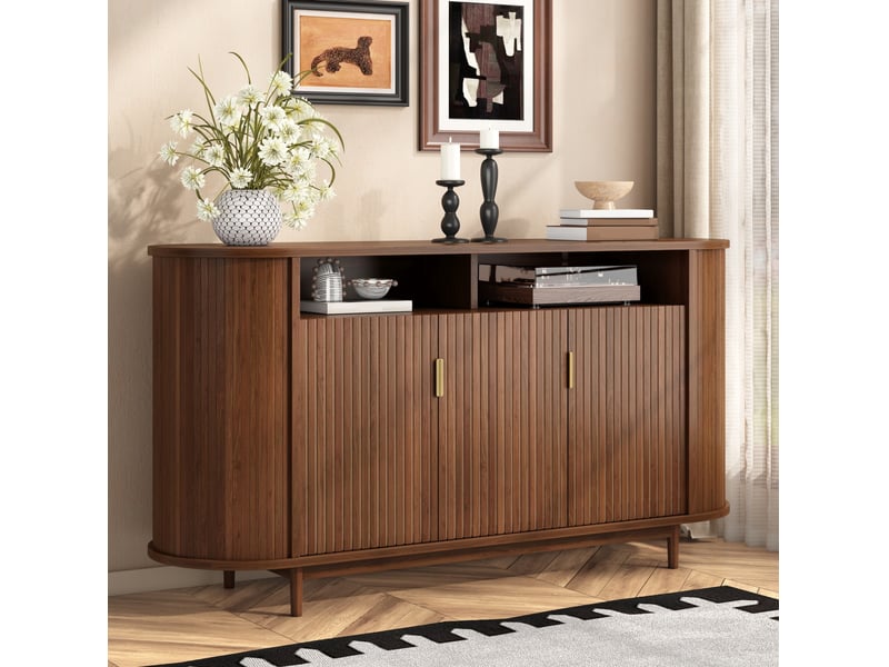  Buffet avec 3 portes, façade à lignes verticales, pieds en pin, pour salon ou salle à manger, noyer, 140 × 40 × 78 cm  - Conforama B