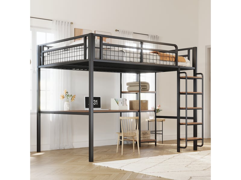 Lit mezzanine 140 x 200 cm, échelle sécurisée, table intégrée, meuble gain de place, design moderne et fonctionnel, métal, noir evarich - Conforama B
