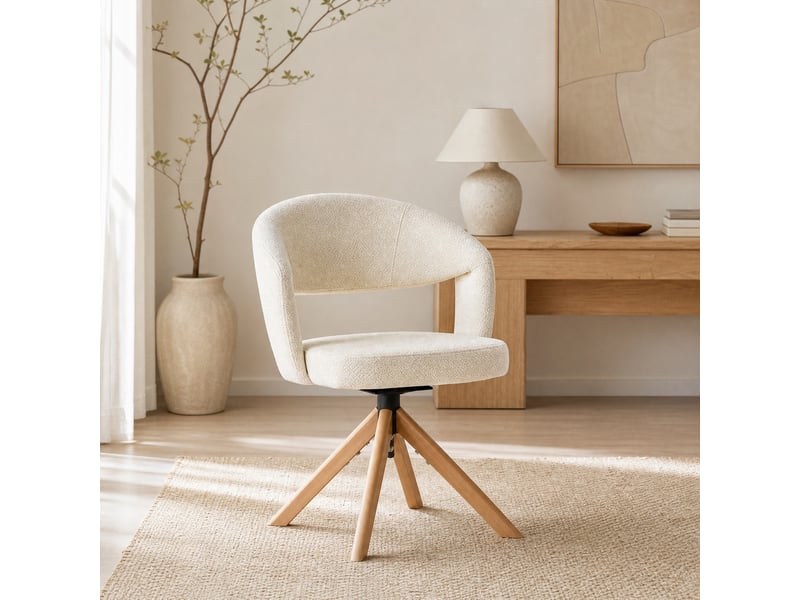Chaises de salle à manger lot de 2 pivotantes - dossier incurvé, tissu et bois massif blanc crème 81,5 cm - Conforama B