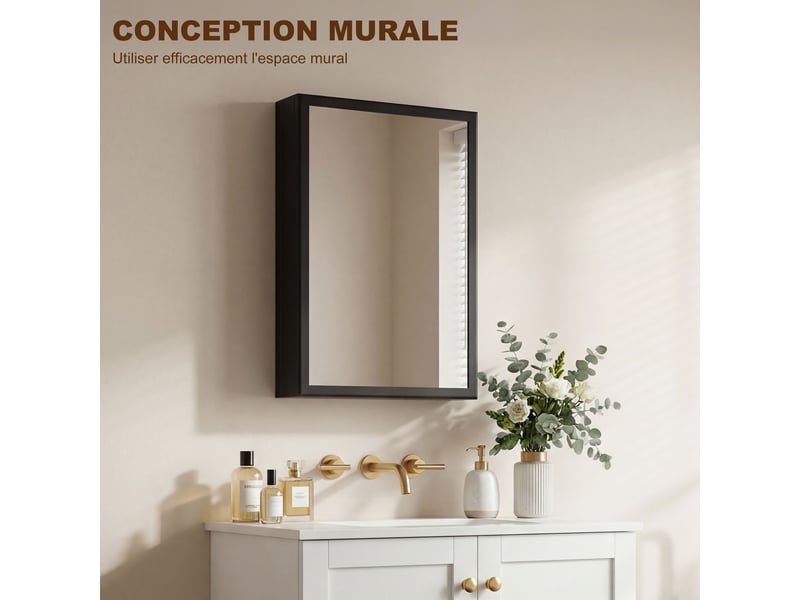 Armoire miroir de salle de bain armoire murale armoire à glace avec 1 porte et 2 étagères en acier noir 40 x 12 x 60 cm - Conforama W