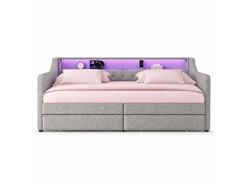 Lit banquette avec sommier à lattes, deux tiroirs, éclairage led à télécommande et prise usb, en lin gris - Conforama A