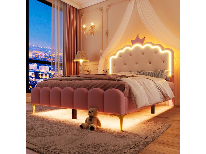 Lit enfant 140x200 cm princesse avec led et sommier, pu et mdf, rose, sans matelas - Conforama W