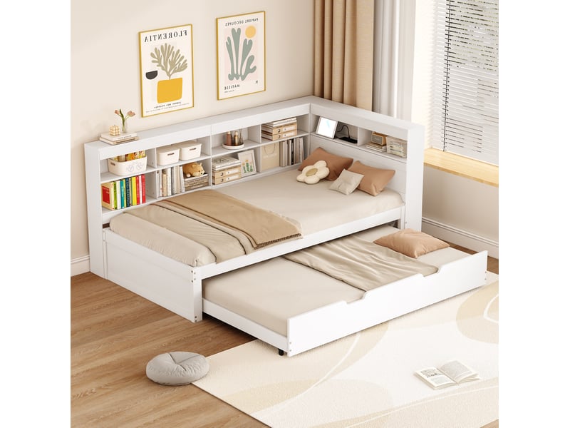 Lit gigogne multifonction 90x200 cm + 90x190 cm, espaces de rangement multiples, usb, bois, blanc sans matelas - Conforama B