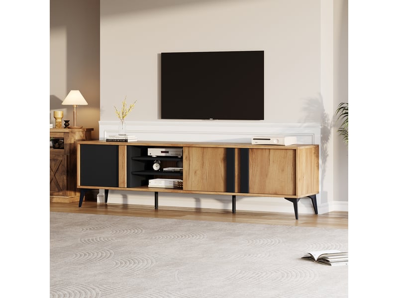  Meuble tv rustique marron et noir, meuble tv 180 cm avec rangements, pour téléviseur jusqu'à 80 pouces, portes et étagères ouvertes  - Conforama D