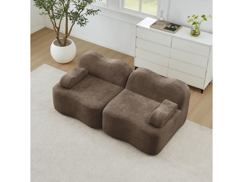  Canapé modulable 2 places, canapé de sol sans structure en forme de vague pour salon, assise profonde en velours doux sans montage l192 cm, marron  - Conforama R