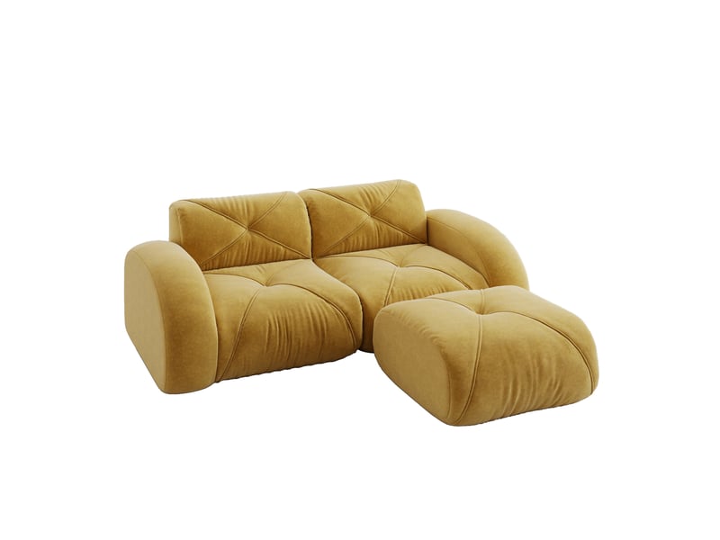  Canapé modulable 2 places avec pouf en chenille jaune 204 x 171 x 76 cm  - Conforama A