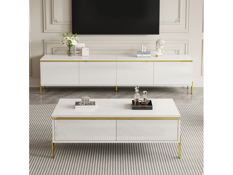  Ensemble meuble tv et table basse modenvie blanc 170 x 38 x 50 cm et 100 x 50 x 36 cm rangement finition brillante et détails dorés  - Conforama E
