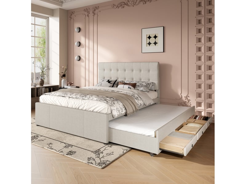  Lit 2 places rembourré 140x200 cm avec lit gigogne et 3 tiroirs beige  - Conforama B