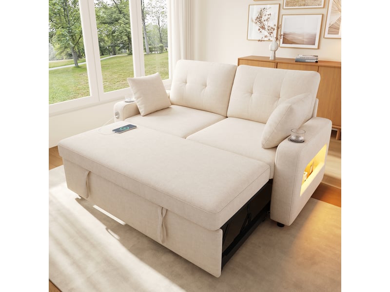 Canapé-lit convertible 2 places en chenille, avec led, usbusb-c, porte-gobelets, rangements dans les accoudoirs et 2 coussins - beige - Conforama E