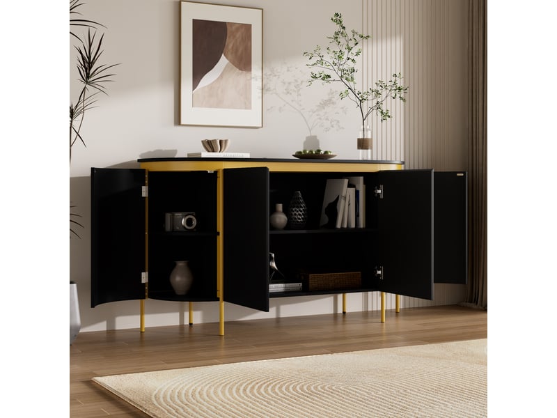 Buffet 4 portes 140x38x80cm ,façades rainurées, extrémités ovales, étagère et passe-câbles, mdf avec pieds métal,noir evarich - Conforama E