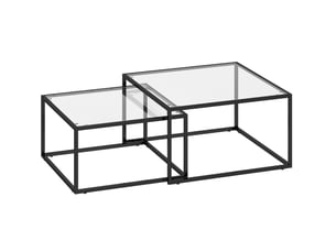 Tables basses gigognes rondes 2 pièces en verre trempé avec cadre métallique noir et pieds réglables pour salon