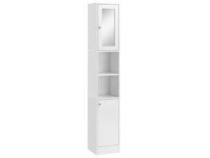 Colonne de salle de bain avec miroir, 2 étagères ouvertes et 2 portes, mélaminé bois blanc, 30x28x180 cm
