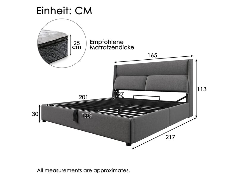  Lit coffre hydraulique 160x200 cm avec appuie-tête réglable, en lin gris  - Conforama C