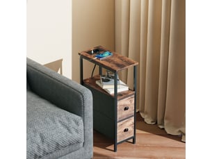 Table d'appoint avec station de charge, table de salon étroite avec 2 tiroirs en tissu, brun rustique, étagère ouverte