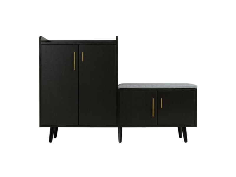  Meuble à chaussures avec banc rembourré et 4 portes, design moderne noir pour entrée &amp; salon  - Conforama A
