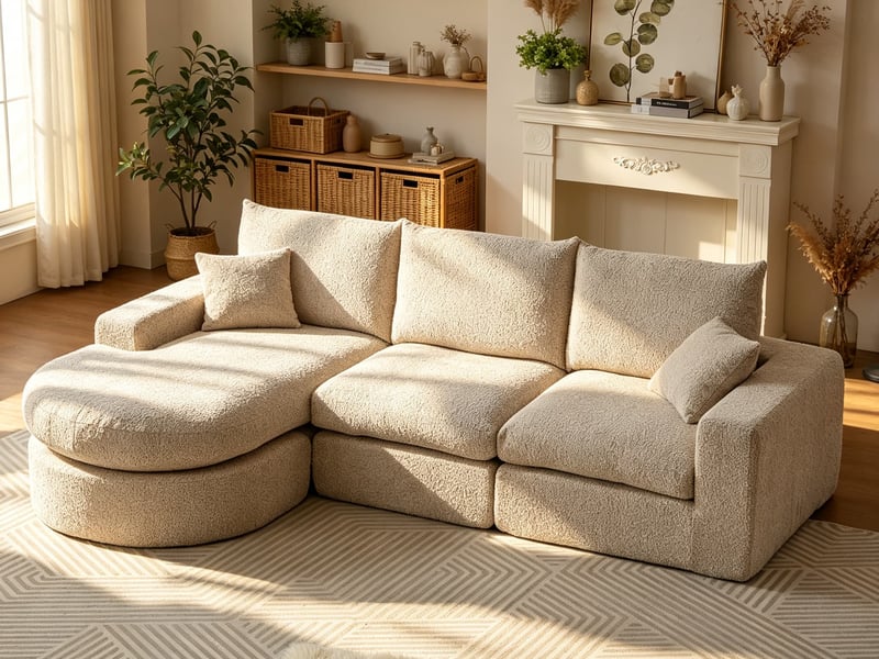  Canapé d’angle, en chenille, éléments courbes et chaise longue, compressé sans cadre, mousse, 80x250x160 cm, beige  - Conforama B