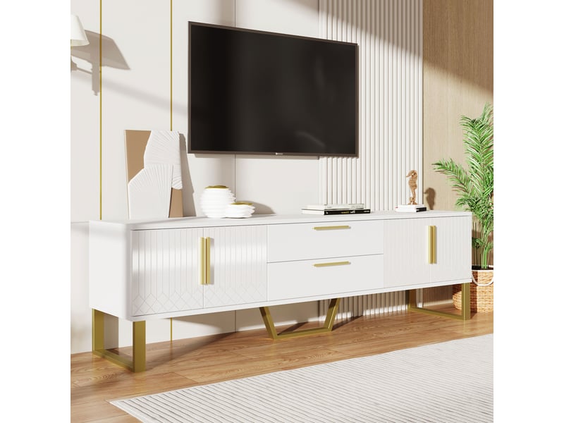  Meuble tv avec 4 portes, 2 tiroirs, étagères et passe-câbles, laqué brillant pour salon 170×40×53,5 cm en mdf blanc  - Conforama C