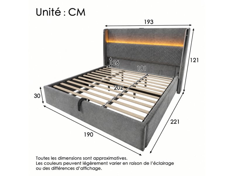  Lit coffre double avec tête haute, led, usbtype-c, gris, 180 x 200 cm  - Conforama C