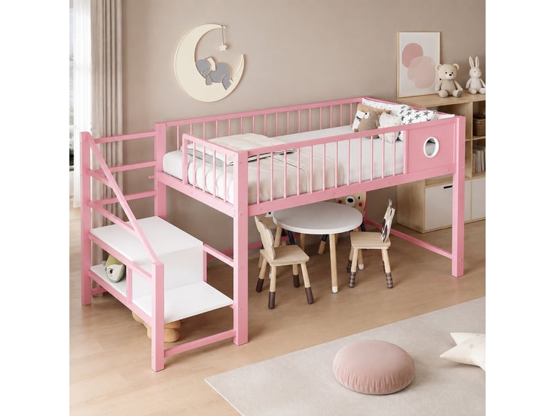  Lit mezzanine bas enfant 90 x 200 cm avec escalier de rangement et sommier, rose  - Conforama B