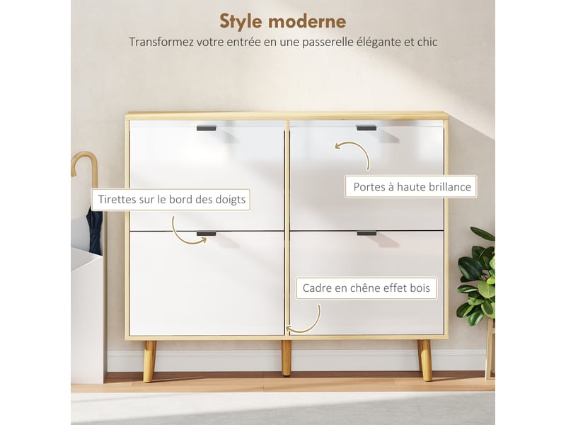 Meuble à chaussures, armoire à chaussures étroite, 4 tiroirs rabattables, porte haute brillante, 105x24x92,5cm, blanc - Conforama E