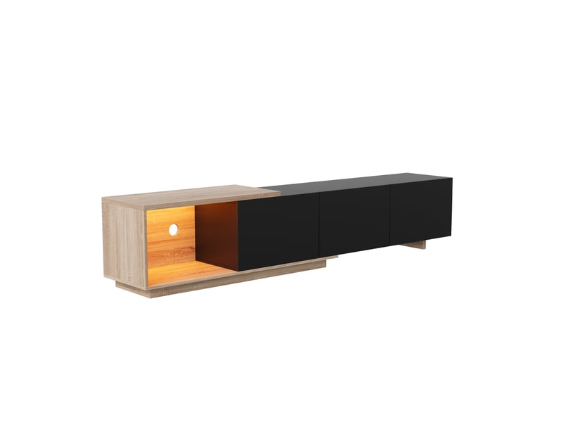 Meuble tv - 240x38x44cm - meuble tv moderne avec  extensible led, 3 tiroirs push-to-open &amp; capteur - noir et bois  - Conforama A