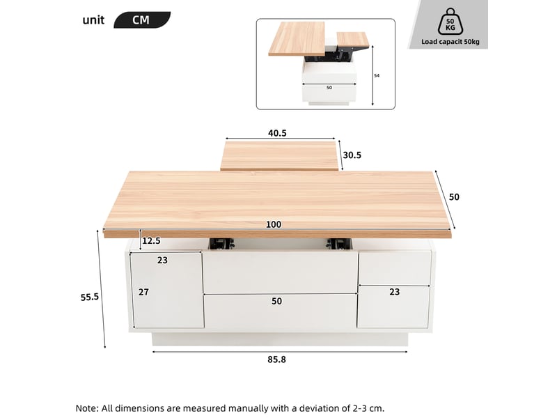  Table basse relevable avec 2 plateaux, 2 portes et rangement dissimulé pour salon, 100 × 50 × 55,5 cm  - Conforama D