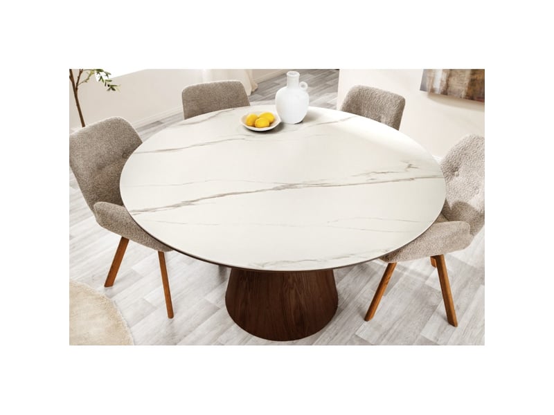  Table de salle à manger lumea – ronde 120 cm – plateau céramique effet marbre blanc – pied plaqué en noyer – style contemporain  - Conforama C