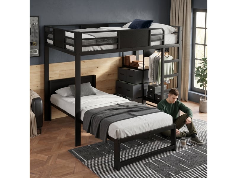  Lit superposé décalé, 120 x 200 cm en haut et 90 x 200 cm en bas, penderie, étagères, tiroirs en tissu, échelle et barrières de sécurité, métal, noir  - Conforama D