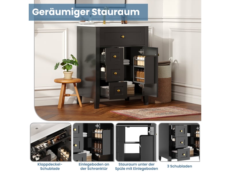  Meuble sous-vasque sur pieds 61 cm noir brillant, céramique et mdf, tiroir basculant, 3 tiroirs et porte fermeture douce  - Conforama C