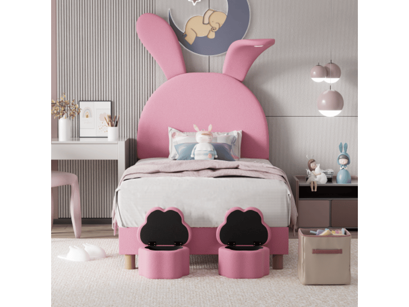 Lit enfant 90x200cm, lit double, en forme de lapin, avec 2 bancs de rangement, led, velours rose, sans matelas - Conforama C
